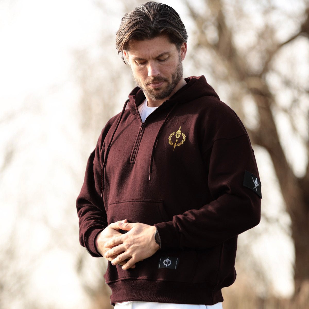 //03-SP1 | Shadow Ops Half Zip Hoodie - Burgundy x Gold (Oversized - F ...